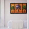 Cozy bedroom featuring stylish modern decor with vibrant art and plush bedding.